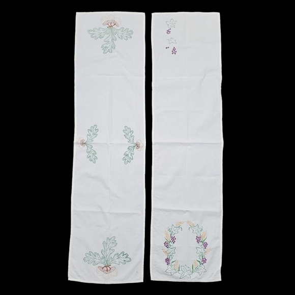 Vintage Autumn Table Runner Set Of 2 Grape Acorn Foliage Screenprint Fall 44" - Picture 2 of 12